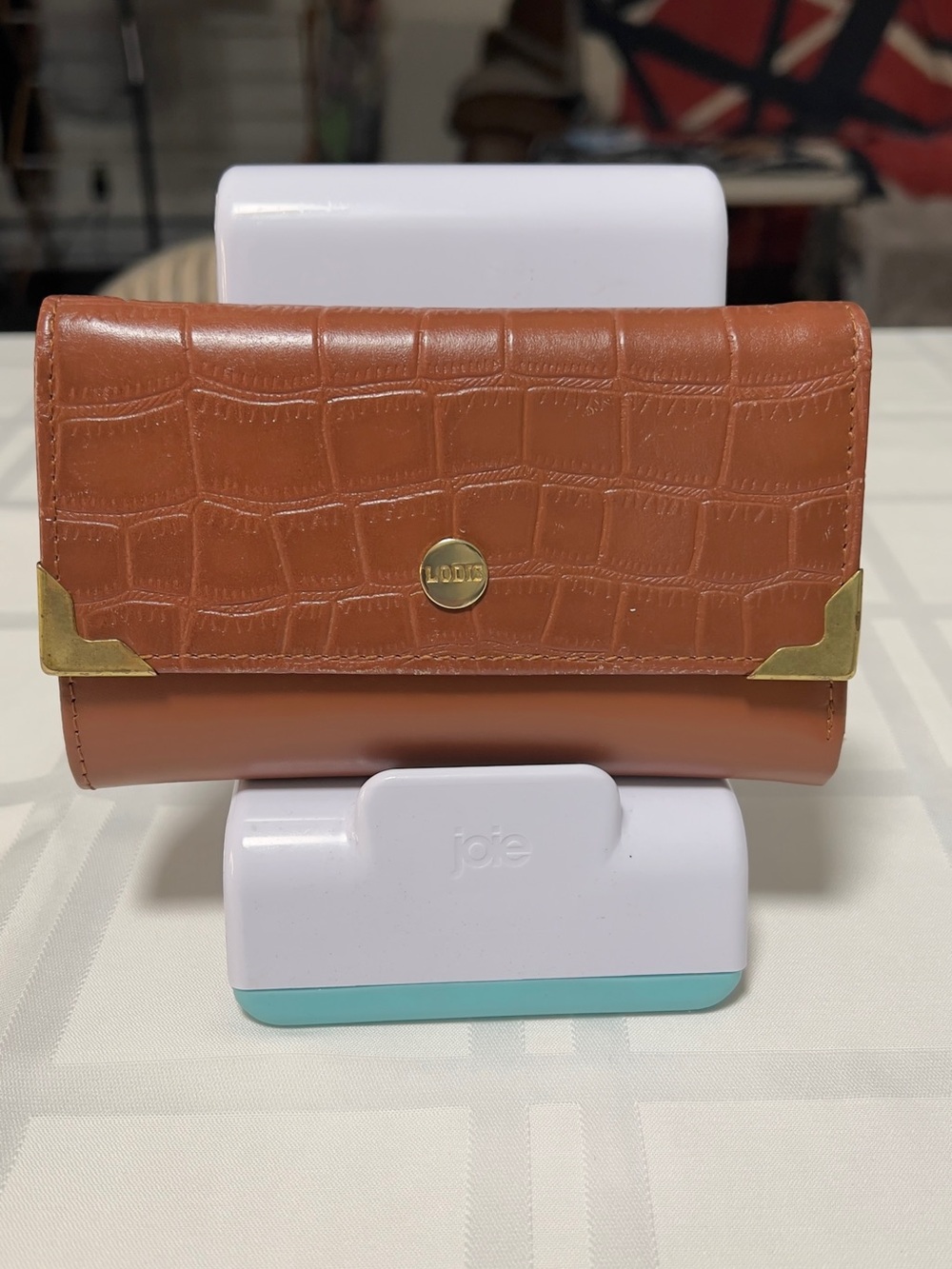 Lodis Cognac Croc-Embossed Leather Wallet with Gold Corners